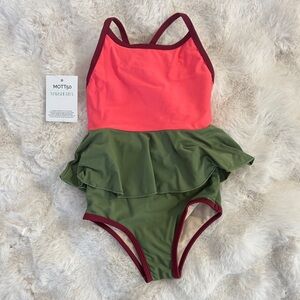 Mott50 Kids Swim One Piece - Coral and Olive Ruffle
